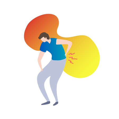 Back pain concept modern vector illustration with male person holding back on fluid gradient background. Human health care and skeletal posture problems. Painful spinal injury tension.のイラスト素材