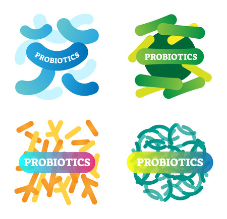 Vector illustration with labeled, artistic and colorful probiotics icon set. Stylized collection with anatomical good bacteria closeup. Health, biology and wellbeing basics.のイラスト素材