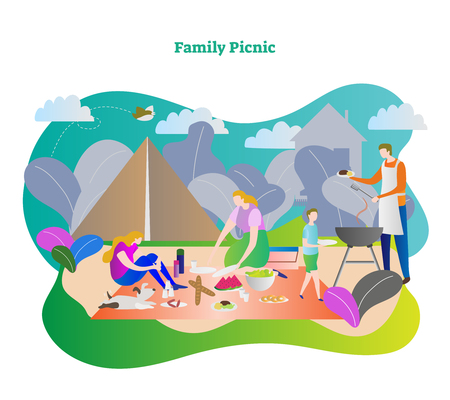 Family picnic vector illustration. Happy family together with mother, father, son, daughter and dog in camping trip weekend. Outdoor barbecue in lunch or dinner. Clouds, bird and nature in background.のイラスト素材