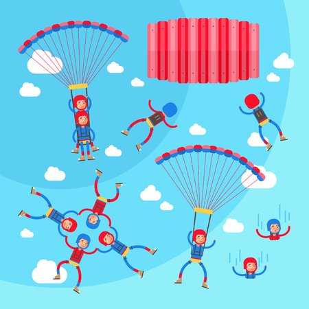 Skydiving vector illustration set. Collection of solo, tandem and formation group flights. Pilot with passenger, harness, parachute and selfie stick. Extreme sport with adrenaline, risk and dangerのイラスト素材