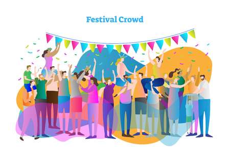 Festival crowd vector illustration. Mass group of fans and spectators dance, clap and view concert or entertainment. Girls with flower crown on men shoulder. Outdoor celebration of life and happiness.のイラスト素材