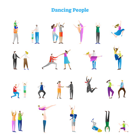Dancing people vector illustrations collection. Various funky and groovy dance moves, active and fun party crowd. Festive event couples, males, females, kids and adults in motion on the dance floor.のイラスト素材