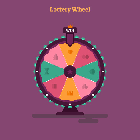 Lottery wheel vector illustration. Gambling game play with arrow on prize symbols meaning success, wealth, bingo, jackpot and money. Risk and bankrupt possibility on purple background and sections..のイラスト素材