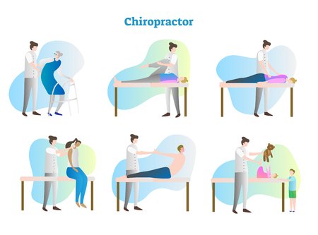 Chiropractor vector illustration collection set. Doctor, therapist or masseur exam sick person in hospital or clinic. Isolated medical and anatomical muscles and bones rehabilitation after injury.のイラスト素材
