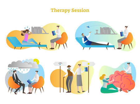 Therapy session vector illustration collection set. Anger, depression, stress and other emotional problems help to resolve consultant, psychiatrist or doctor. Patient brain fixing, help and support.のイラスト素材