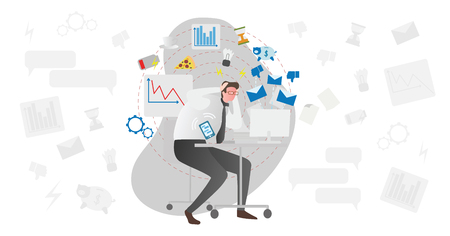 Stress causes vector illustration. Busy men in office with documents and computer stressing about low battery, deadlines, money, junk food, charts and indicators. Modern society problem in work or jobのイラスト素材