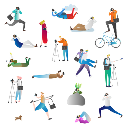 Photographer vector illustration icon collection set. Journalist, paparazzi or operator in different pose taking picture, hiding or skydiving with digital equipment. Job and work outdoors in nature.のイラスト素材