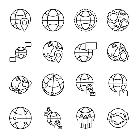 Globalization concept icons collection with various globe shapes and people connection symbols. Monoline black isolated vector icons set. Multicultural world wide people communication and cooperation.のイラスト素材