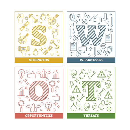 SWOT analysis outline vector illustration diagram with symbols for presentation.Colorful isolated letters collection meaning of strengths,weaknesses,opportunities and threats.Company success strategy.のイラスト素材