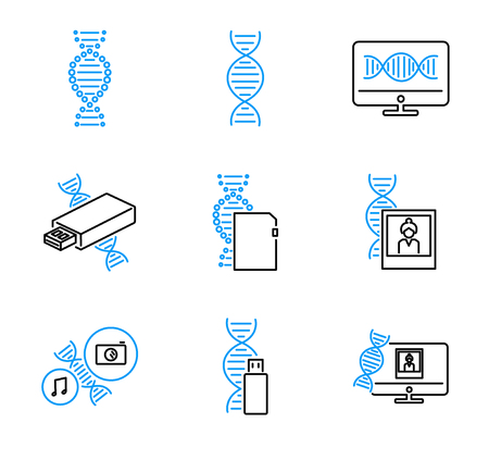 DNA data storage outline vector icons collection set with binarization, encoding, synthesis, sequencing and decoding. Future computer data storage technology.のイラスト素材