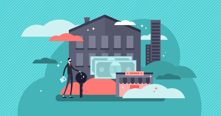 Real estate concept flat vector illustration. Abstract buildings with sales agent. Office or commercial store space, private family house and apartments for sale or rent. Housing industry worker.のイラスト素材