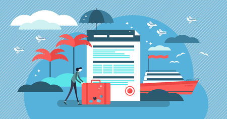 Travel insurance vector illustration with stylized tourist and agreement. Safety and help guaranty for money if there is accident, injury, luggage damage or loss. Medical coverage in case of emergencyのイラスト素材