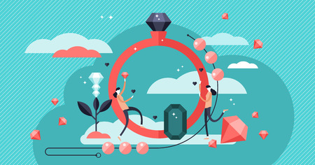 Jewelry vector illustration. Expensive stone ring and necklace industry. Diamonds are girls best friends visualization. Wedding, engagement and rich people symbol. Stylized banner with satisfied womanのイラスト素材