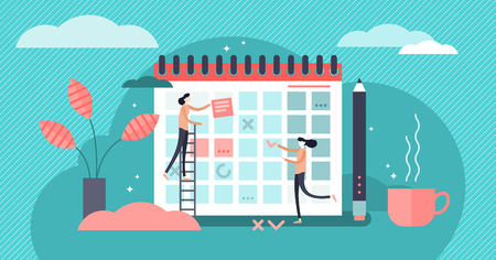 Planning vector illustration. Flat mini persons concept with schedule calendar. System to organize daily routine. Time management chart graphic to structure deadline meetings, agenda or appointments.のイラスト素材