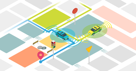 Self driving cars vector illustration. Example with self driving vehicles. Smart and intelligent autonomous transport to reach destination safe without driver and control. GPS auto navigation system.のイラスト素材