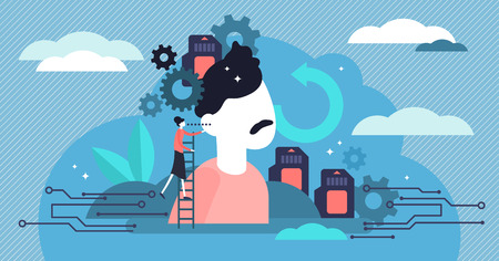 Memory vector illustration. Flat tiny symbolic brain growth persons concept. Intelligence education, abstract mental knowledge memo cards. Using information encoded, stored, and retrieved when needed.のイラスト素材