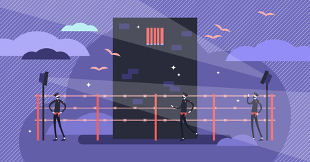 Prison vector illustration. Flat tiny jail security guards persons concept. Crime freedom punishment symbol with secure fences. Penitentiary authority system for guilty inmates captivity surveillance.のイラスト素材