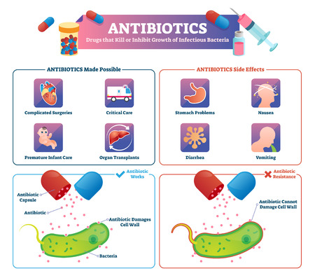 Antibiotics vector illustration. Labeled health care medication treatment scheme. Drugs therapy to help patient recovery from illness and disease. Prescription resistance and side effects infographicsのイラスト素材