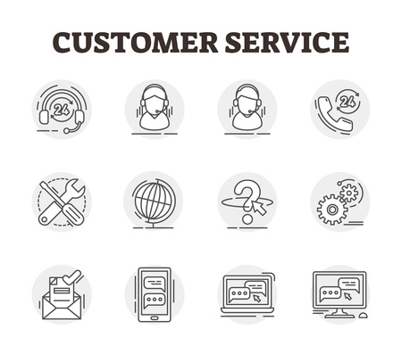 Customer service vector icon collection set illustration. Outlined helpdesk concept with operator assistance. Communication assistance center to support clients hotline. BW technical fix online help.のイラスト素材