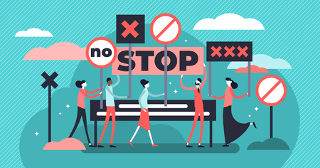 Protest vector illustration. Flat tiny demonstration persons crowd concept. Stop and against poster for strike, revolution or riot. Strong democracy communication movement. Rebel action holding bannerのイラスト素材