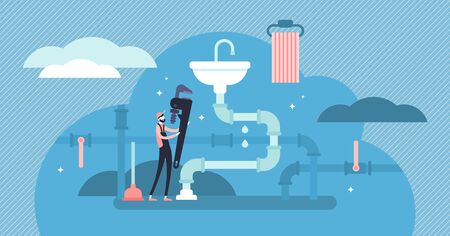 Plumber occupation vector illustration. Flat tiny faucet repair persons concept. Construction service work with water pipeline tube maintenance and leak fix. Abstract house sanitary sink mechanic job.のイラスト素材
