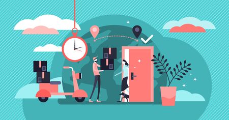 Delivery service vector illustration. Flat tiny shipping box persons concept. Global international logistics distribution. Parcel and ordered goods transport export to customer location fast in time.のイラスト素材