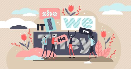 Pronouns vector illustration. Flat tiny substitutes words person concept. Abstract fun it, she, we, they, it word banners. Correct language linguistics and grammar knowledge. Part of word speech studyのイラスト素材