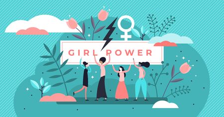 Feminism vector illustration. Flat tiny woman gender movement persons concept. Female equality symbol with lady power protest poster. Social stereotypes and discrimination problem fighting lifestyle.のイラスト素材