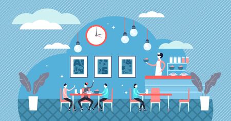 School cafe vector illustration. Flat tiny pupil dinner food person concept. Classical canteen with cook, waiter and children. Kitchen inside education institution for healthy dining service provisionのイラスト素材