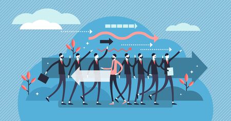 Leave vector illustration. Flat tiny opposite direction way persons concept. Choice of business, crowd or group leaving. Decision to escape and go free your own way. Ambitious movement visualization.のイラスト素材
