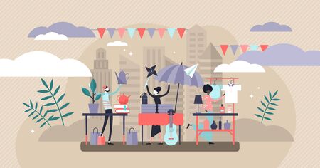 Flea market vector illustration. Flat tiny swap meet event persons concept. Ancient product collection bazaar in household event. Urban street fair with vendors merchandise and collectible used staff.のイラスト素材