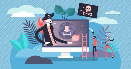 Online piracy vector illustration. Flat tiny illegal hackers persons concept. Internet thief, crime and fraud symbolic visualization. Cyberspace crime with file download and movies sharing.のイラスト素材