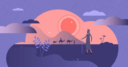 Nomads vector illustration. Flat tiny persons without habitation concept. East and arabic culture tradition to travel with caravan in desert or steppe. Ethnic native group without fixed home location.のイラスト素材