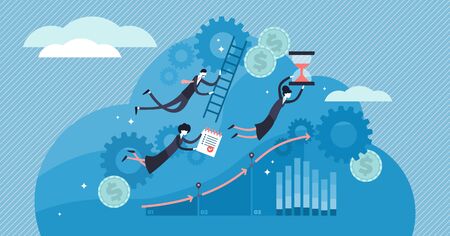 Work flow vector illustration. Flat tiny work organization persons concept. Abstract activity process development with labor division and delegation of responsibility. Project teamwork strategy model.のイラスト素材