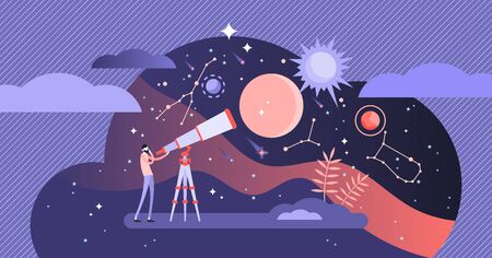 Astronomy vector illustration. Flat tiny space research study person concept. Explore stars and galaxy knowledge with telescope. Horoscope zodiac education with astrology methods and science discoveryのイラスト素材