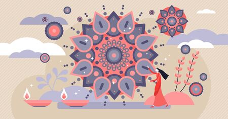 Diwali hindu traditional celebration, tiny flat person concept vector illustration with mandala flower symbol. Spiritual festival culture ceremony. Artistic, abstract and religious ornament design.のイラスト素材