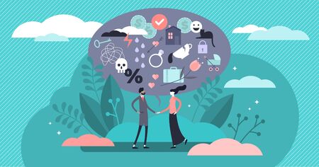 Relationship vector illustration. Flat tiny various feelings person concept. Abstract mutual emotions and link type between friends, siblings or lovers. Psychological connection diversity collection.のイラスト素材