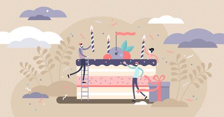 Birthday vector illustration. Flat tiny party event organizing persons concept. Decoration, venue and cake management business for festive celebration. Presents and candles as traditional fun symbols.のイラスト素材