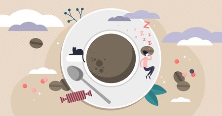 Monday vector illustration. Flat tiny sleepy worker persons concept. New week day routine to hard to get up. Coffee energy booster for employee motivation and sleep management. Daily morning problem.のイラスト素材