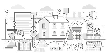 Mortgage vector illustration. BW outlined estate purchase banking process. Obligation financial payment method with house, residence or building. Symbolic credit agreement for real estate deal process