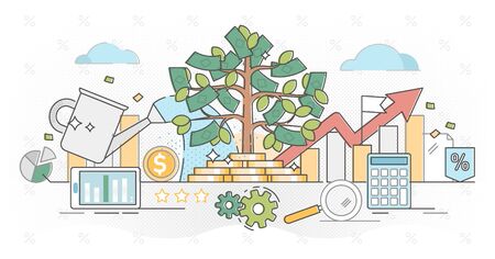 Investing money outline concept vector illustration.Deposit profit in business wealth.Increase income with positive annual interest rate.Long term compound effect strategy. Growing portfolio profits.のイラスト素材