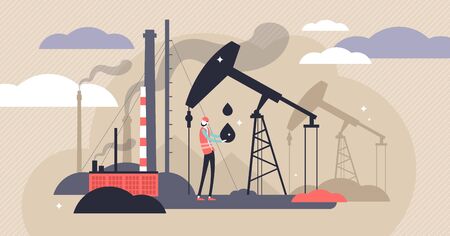 Oil industry vector illustration. Flat tiny fuel mining persons concept. Energy source industry with environment danger pump stations. Diesel plant tank engineering with urban drilling tower equipmentのイラスト素材