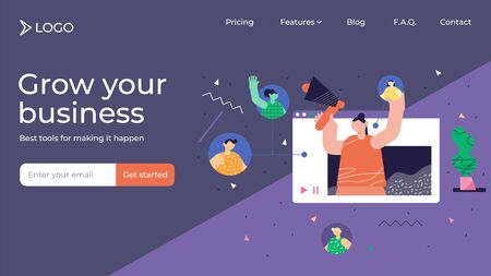 Referral marketing modern abstract landing page template design, vector illustration. Products promotion and new customers engagement method. Consumer audience communication influencer campaign.のイラスト素材