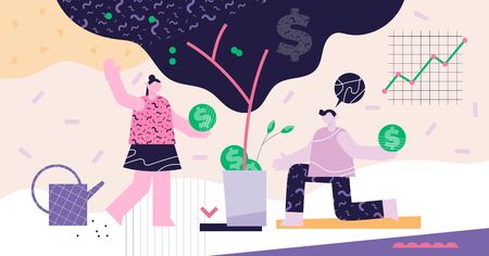 Investing modern abstract concept vector illustration. Deposit profit and wealth growing business. Teamwork persons cultivate money. Increase return on investment strategy. Crowd funding campaign.のイラスト素材