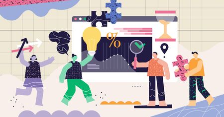 Project manager modern abstract concept vector illustration. Business office employee with finance and work organization tools. Professional deadline handling and delegating tasks. Teamwork success.のイラスト素材