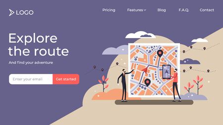 GPS navigation flat tiny person vector illustration landing page template design. Satellite view city with marked direction from pin to destination. Technology maps and virtual wireless streets guide.のイラスト素材