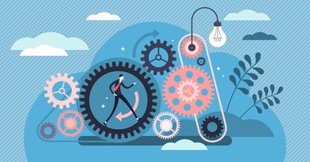 Consistent work vector illustration. Flat tiny effective and quality job persons concept. Logically action pattern visualization with gear connection circle. Employee energy focus in company businessのイラスト素材