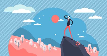 Vision vector illustration. Flat tiny business direction knowledge persons concept. Smart and wise leader with company strategy visualization, solution and inspiration sight. Professional path target.のイラスト素材