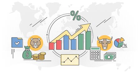 Stock market vector illustration. Flat money growth outline concept with positive and successful indicators. Global investment business value improvement. Finance and economy profit with coins.のイラスト素材