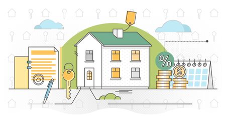 Mortgage vector illustration. Outlined estate purchase banking process. Obligation financial payment method with house, residence or building. Symbolic credit agreement for real estate deal processのイラスト素材